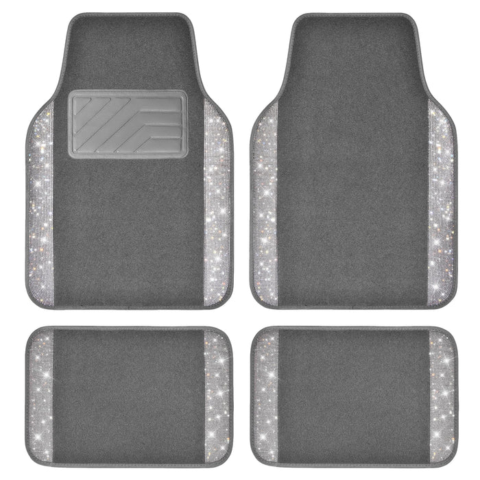 CAR PASS Bling Diamond Car Mats Shining Carpet Crystal Rhinestones Sparkly Glitter Floor Mats with Anti-Slip PVC Heel Pad Universal Fit for Automotive SUV, Sedan, Car, Van, 4pcs for Girl Women, Gray