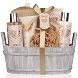 Spa Gift Basket – Bath and Body Set with Vanilla Fragrance by Lovestee - Gift Basket Includes Shower Gel, Body Lotion, Hand Lotion, Bath Salt, Eva Sponge and a Bath Puff