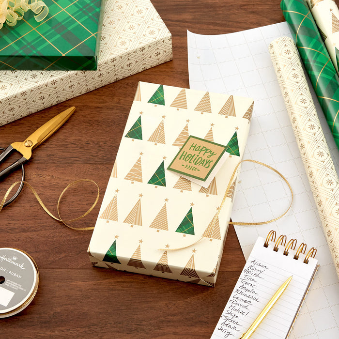 Hallmark Elegant Christmas Wrapping Paper with Cut Lines on Reverse (3 Rolls: 120 sq. ft. ttl) Gold Trees, Emerald Green Plaid, Gold Geometric Snowflakes