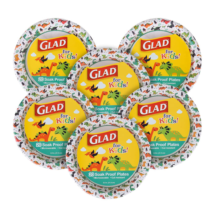 Glad for Kids 8 1/2-Inch Paper Plates | Small Round Paper Plates with Dinosaurs | Heavy Duty Disposable Soak Proof Microwavable Paper Plates, 8.5" Round Plates 120ct| Kids Plates, Dinosaur Plates