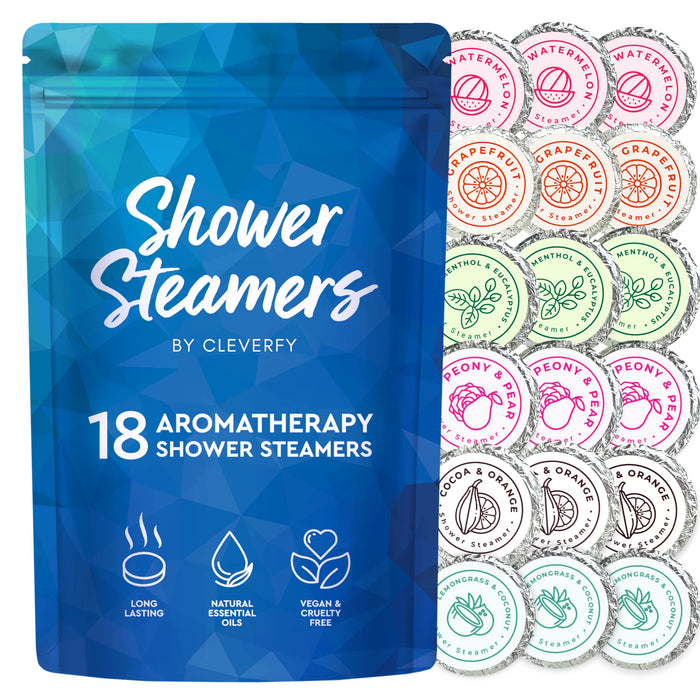 Cleverfy Shower Steamers Aromatherapy - 18 Pack of Shower Bombs with Essential Oils. Personal Care and Relaxation Birthday Gifts for Women and Men. Blue Set