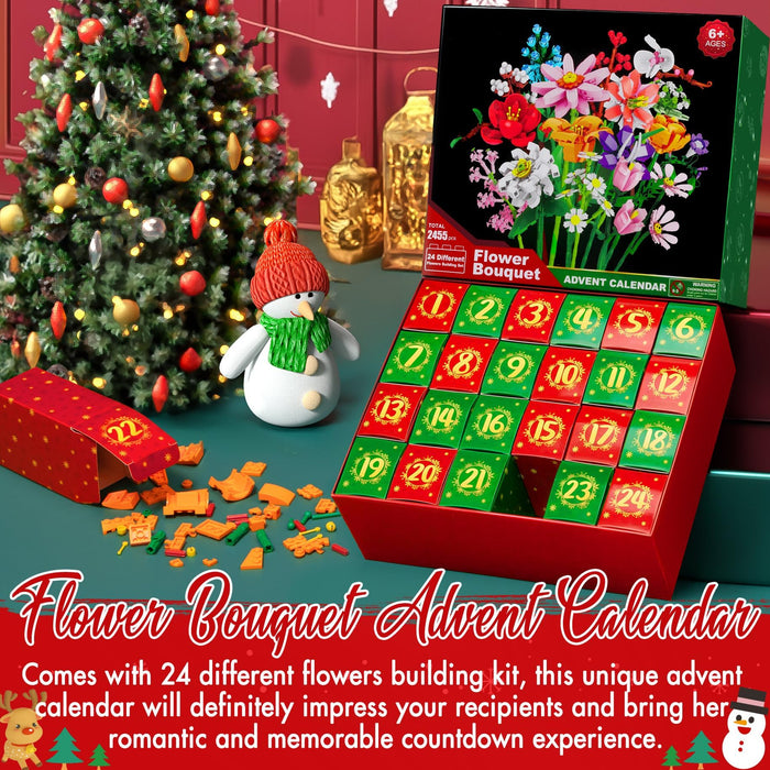 Advent Calendar 2024 for Kids Adults Teens, 24 Days STEM Flower Bouquet Building Blocks Christmas Countdown Calendar Gifts Box with Artificial Flowers Bricks Toy Set for Boys Girls Women Men Age 6+