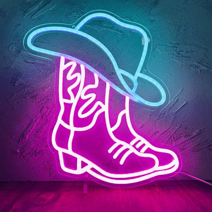 Manimo Cowboy Boot and Hat Neon Sign, LED Pink Cowgirl Boots Neon Sign Wall Decor, Pink Aesthetic Western Wall Art, USB Powered for Game Room Bedroom Party Bar Wedding Christmas Birthday Gift(13*15in)