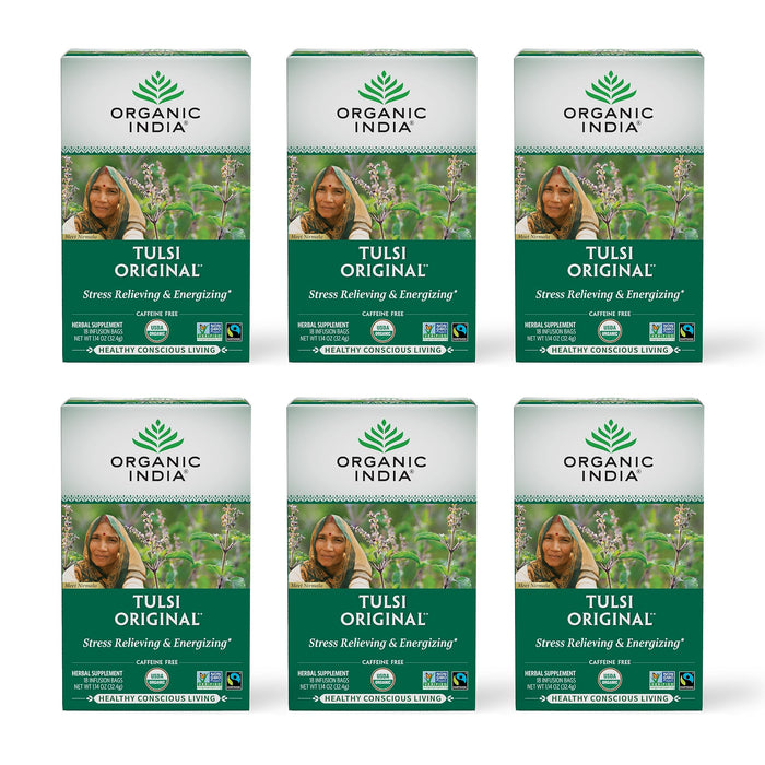 Organic India Tulsi Original Herbal Tea - Holy Basil, Stress Relieving & Energizing, Immune Support, Adaptogen, Vegan, USDA Certified Organic, Non-GMO, Caffeine-Free - 18 Infusion Bags, 6 Pack