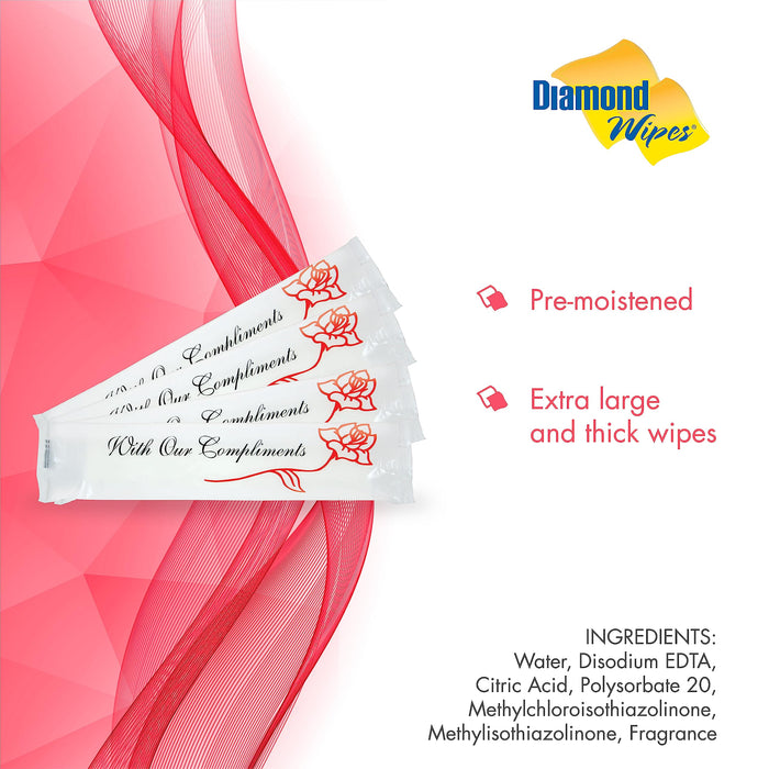 Diamond Wipes Pre-moistened Hand Wipes - “With Our Compliments” Logo 10x8” Extra Thick Lemon-Scented Pack of 50 Individually Wrapped Wet Wipes