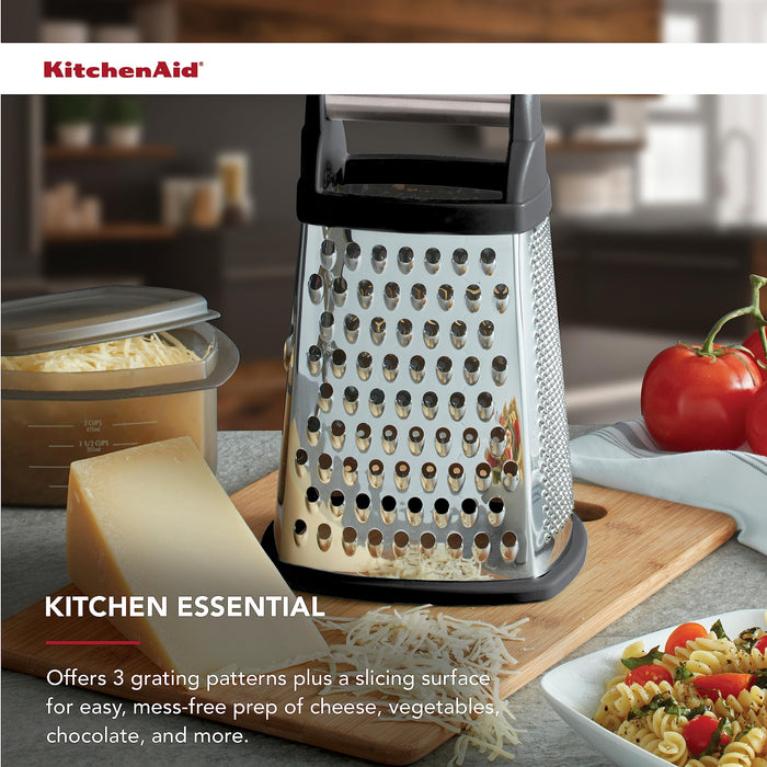 KitchenAid Gourmet 4-Sided Stainless Steel Box Grater for Fine, Medium and Coarse Grate, and Slicing, Detachable 3 Cup Storage Container and Measurment Markings, Dishwasher Safe, 10 inches tall, Black