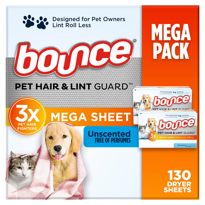 Bounce Pet Hair and Lint Guard Mega Dryer Sheets with 3X Pet Hair Fighters, Unscented, 130 Count
