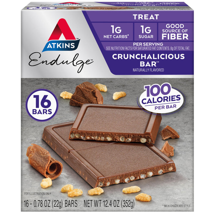 Atkins Endulge Treat, Crunchalicious Bar, 1g Net Carbs, 1g Sugar, Good Source of Fiber, Keto Friendly, 16 Count