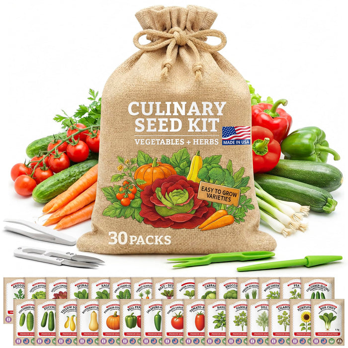 Culinary Vegetable & Herb Seeds Variety Pack - 30 Heirloom Non-GMO Garden Seeds for Planting, Seed Kit with Tools, Made in USA