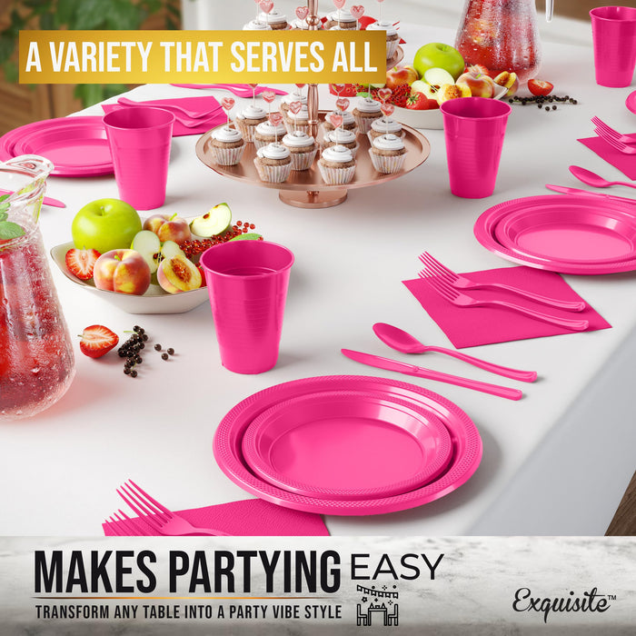 350 Pcs Plastic Dinnerware Set Includes 50 Of Each 9" Cerise Plastic Dinner Plates | 7" Plastic Dessert Plates | 12 oz Plastic Cups | Cerise Napkins | Plastic Spoons, Forks & Knives Exquisite