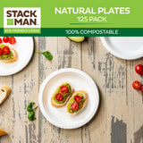 100% Compostable Disposable Paper Plates [125-Pack] - {PFAS-Free} - {BPI Certified} - [7 Inch] Heavy Duty, Eco-Friendly, Biodegradable Bagasse Dinner & Lunch Plates - Thick White 7" Plate by Stack Man