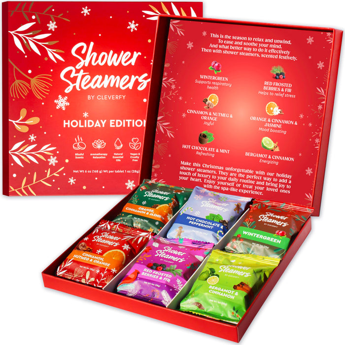 Cleverfy Shower Steamers Aromatherapy - Limited Edition Holiday Gift Set of 6 Shower Bombs with Essential Oils. Self Care Stocking Stuffers for Women and Men, Christmas Gifts for Women and Men.