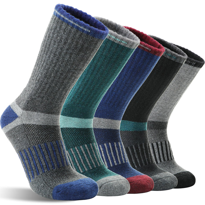 MOGGEI Merino Wool Hiking Socks for Men Warm Thermal Winter Cozy Work Crew Socks Gifts Stocking Stuffers 5 Pairs (Dark Pinstripes A,L)