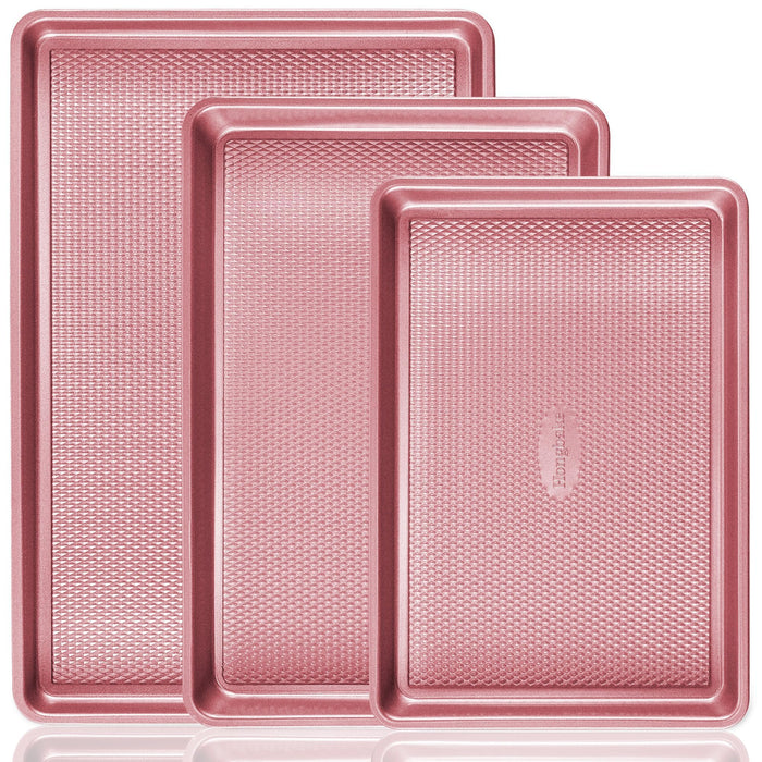 HONGBAKE Baking Sheet Pan Set, Cookie Sheets for Oven, Nonstick Half/Quarter/Jelly Roll Pans with Diamond Texture Pattern, Heavy Duty Cookie Tray, Pink