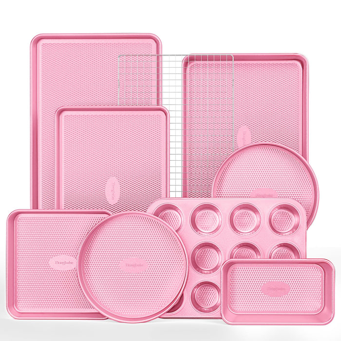 HONGBAKE 9-Piece Baking Pans Set Nonstick, Stackable Non Toxic Bakeware Sets with Diamond Texture, Oven Pan Set for Cooking, Includes Cookie Sheet with Rack, Cake Pan, Roasting Pan, Muffin Tin, Pink