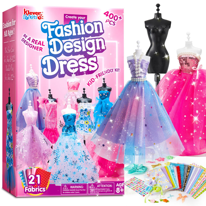 Klever Kits 400+PCS Fashion Design Crafts for Kids, Art and Crafts, DIY Sewing Kits with 3 Mannequins for Girls Aged 8-12, Toys for Kids, Birthday Presents, Doll Clothes