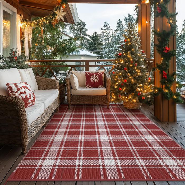 GENIMO Christmas Outdoor Rug for Patio Clearance, 5'x8' Waterproof Mat, Reversible Plastic Straw Camping Rugs for Christmas Party Holiday, Rv, Deck, Camper, Balcony, Backyard, Red & White