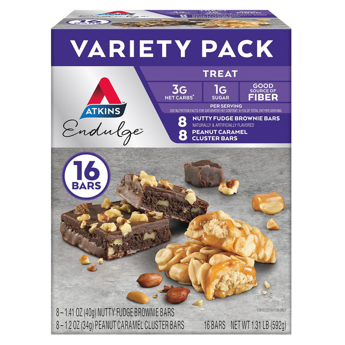 Atkins Endulge Treat Variety Pack, Nutty Fudge Brownie Bar & Peanut Caramel Cluster, Keto Friendly, 16 Bars (8 Each Flavor)