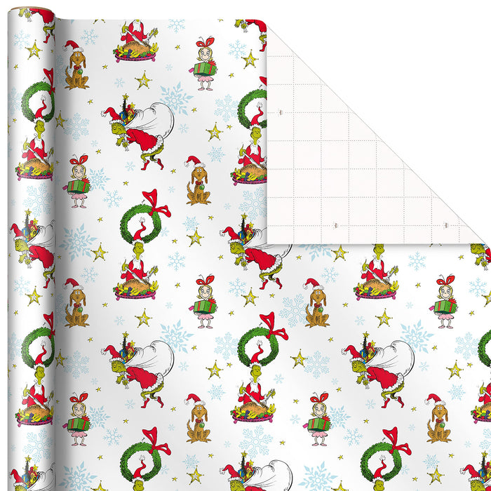 Hallmark Dr. Seuss Grinch Wrapping Paper for Kids (3 Rolls: 105 Sq. Ft. Ttl) for Christmas with Blue Tiles, White Snowflakes, Cindy Lou Who, Max