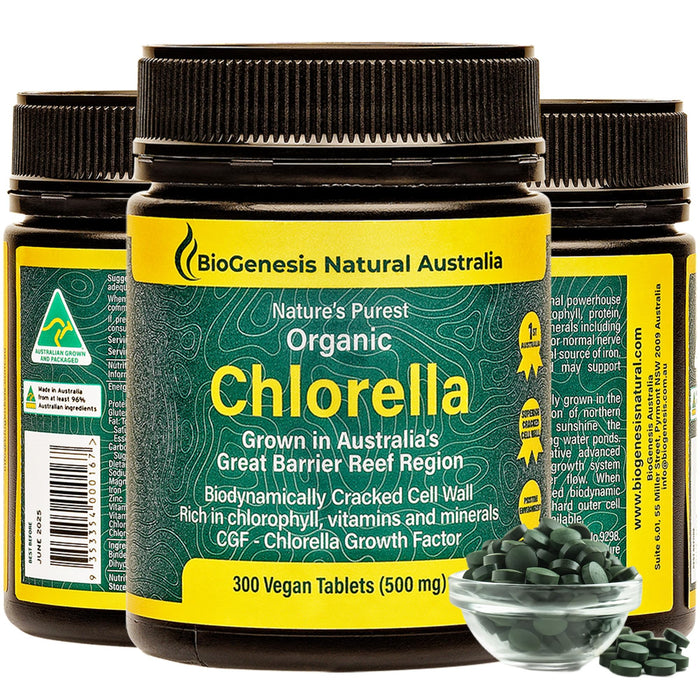 Organic Chlorella Tablets, Australian | Advanced BioDynamic Cracked Cell Wall | Chlorophyll-Rich, Vitamins, Minerals, CGF| Supports Good Health, Wellbeing | Vegan (Natural, 300)
