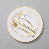 N9R 125PCS White Plastic Plates with Gold Rim & Disposable Gold Plastic Silverware Set, Include 25 Dinner Plates, Dessert Plates, Gold Forks, Knives and Spoons, Sturdy Enough for Wedding Party