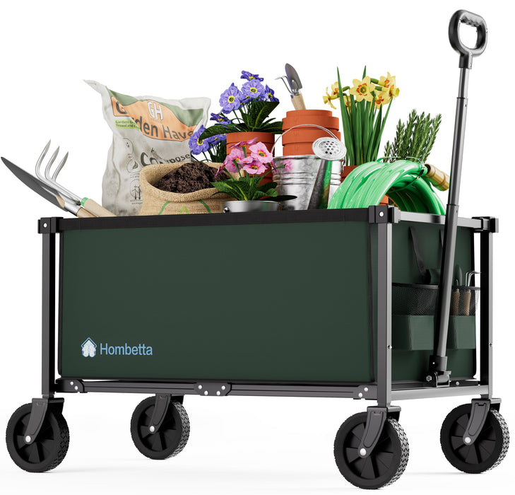 HOMBETTA 29.3" Collapsible Wagon Cart, 150L Heavy Duty Folding Utility Wagon with Wheels, 360 lbs Load, Portable Rolling Cart for Garden, Shopping, Sports, Camping, Army Green