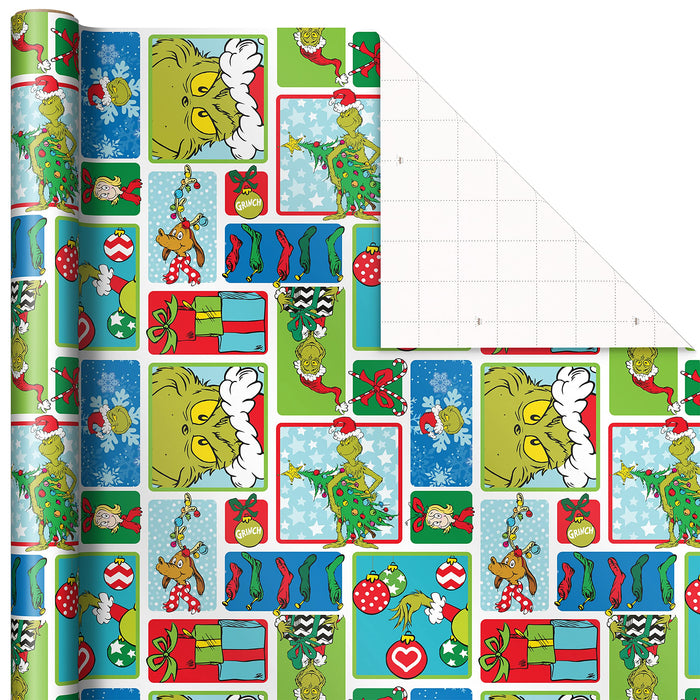 Hallmark Dr. Seuss Grinch Wrapping Paper for Kids (3 Rolls: 105 Sq. Ft. Ttl) for Christmas with Blue Tiles, White Snowflakes, Cindy Lou Who, Max