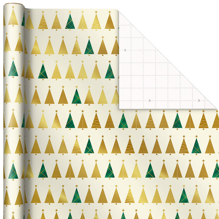 Hallmark Elegant Christmas Wrapping Paper with Cut Lines on Reverse (3 Rolls: 120 sq. ft. ttl) Gold Trees, Emerald Green Plaid, Gold Geometric Snowflakes