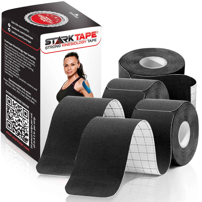 Precut Kinesiology Tape Bulk - 3 Pack Rolls for Knee, Shoulder, Wrist, Muscles, Ankle - Designed to Support Athletic Performance, Sports Kt Pain. Waterproof, Kinesio Guide - Rock Tex Black