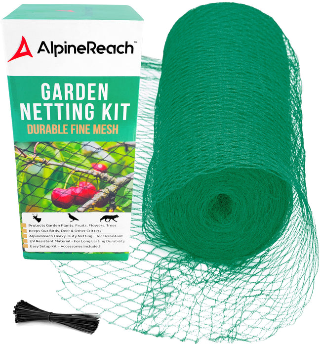 AlpineReach Garden Netting 7.5 x 65 ft Heavy Duty Bird Net, Deer, Plant Protection Extra Strong Woven Mesh, Reusable Kit with Zip Ties, Animal Fencing for Fruits Trees, Green