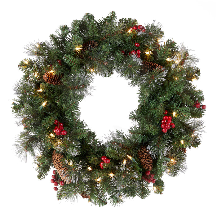 National Tree Company Pre-Lit Artificial Christmas Wreath, Green, Crestwood Spruce, White Lights, Decorated with Pine Cones, Berry Clusters, Christmas Collection, 24 Inches