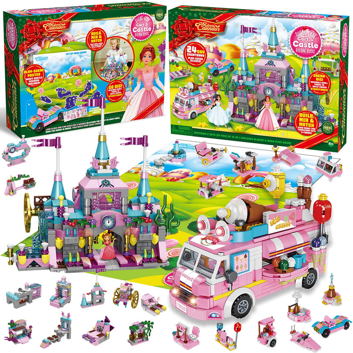 JOYIN 2023 Christmas Advent Calendars 24 Days Countdown Calendars with Girls Princess Castle and Ice Cream Truck Building Blocks for Girls Kids STEM Building Toys Party Favor, Xmas Gifts, Classroom