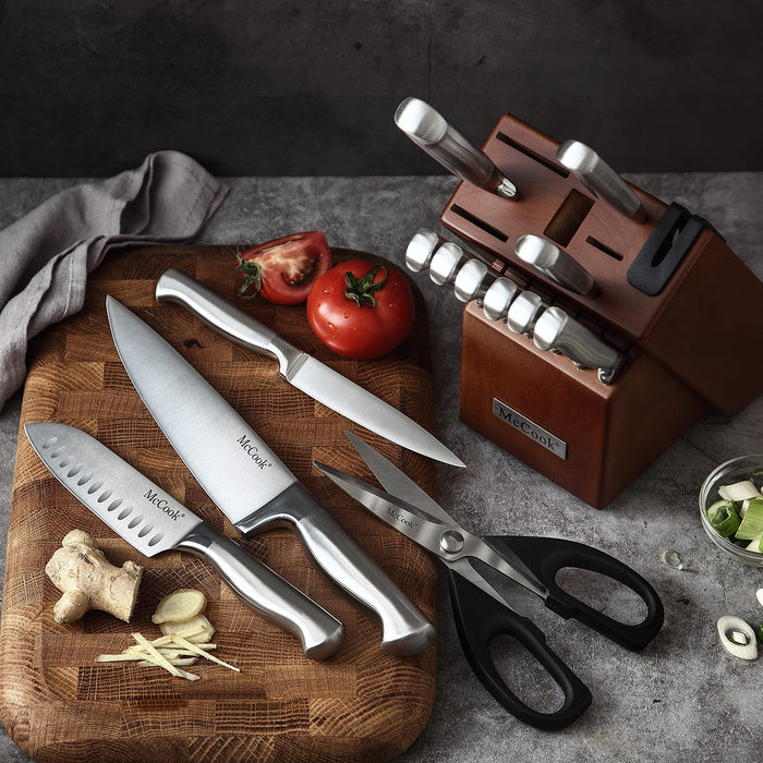 McCook Knife Sets, German Stainless Steel Kitchen Knife Block Sets with Built-in Sharpener