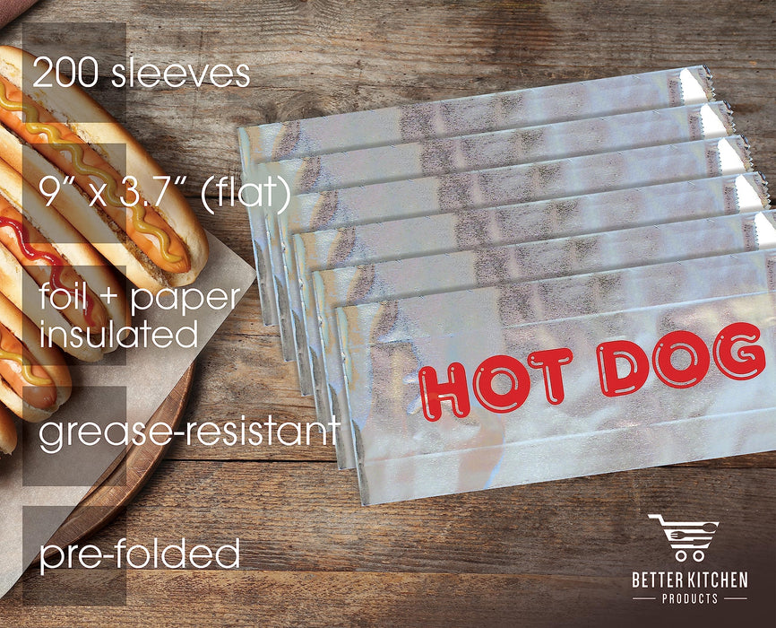 Better Kitchen Products Foil Hot Dog Wrappers, 9" x 3.7", Insulated Grease Resistant Hot Bag Sleeves, Disposable Foil Paper Hot Dog Bags (200 Pack)