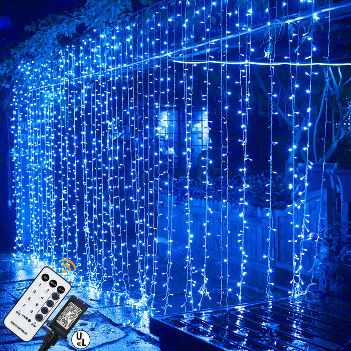 MAGGIFT 304 LED Curtain String Lights, 9.8 x 9.8 ft, 8 Modes Plug in Fairy String Light with Remote Control, Christmas, Backdrop for Indoor Outdoor Bedroom Window Wedding Party Decoration, Blue