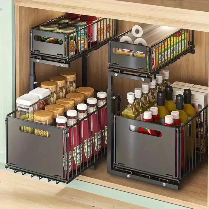 Under Sink Organizer 2-Tier Pull Out Cabinet Storage Rack, L-Shaped Foldable Shelf for Kitchen Bathroom, Space Saver wit