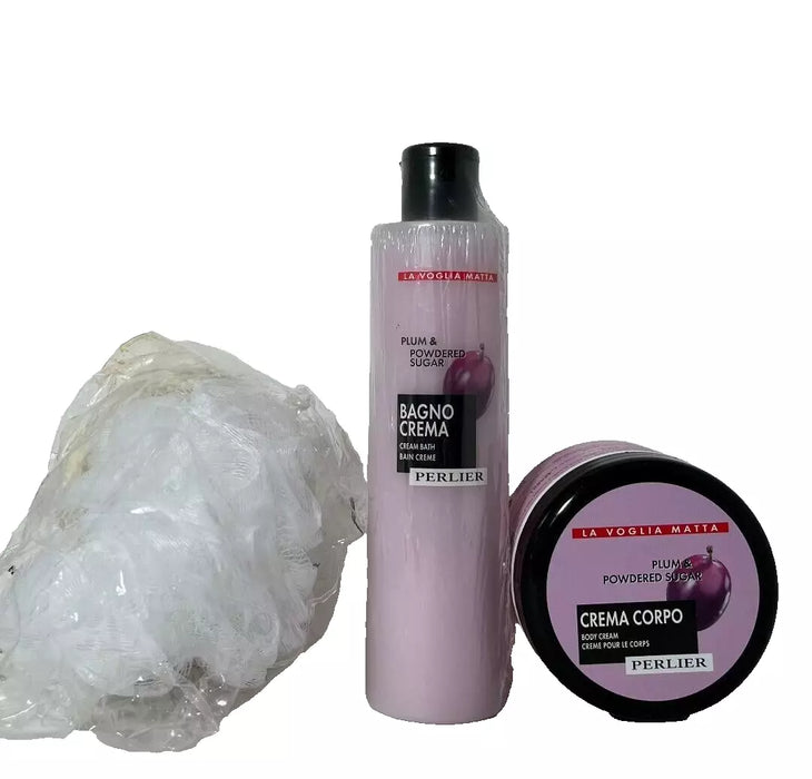 PERLIER 3 pc combo Plum & Powdered Sugar Body Cream Bath Cream & Loofah