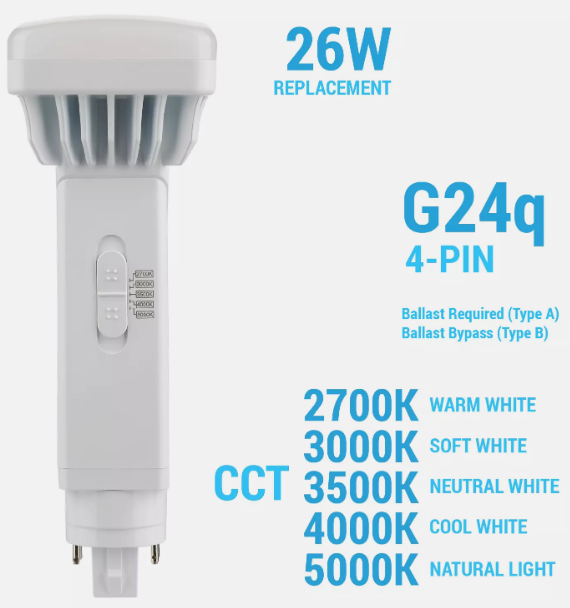 Satco S21410 LED 9W 26W CFL Triple Tube Replacement PL CCT Selectable 4-Pin G24q