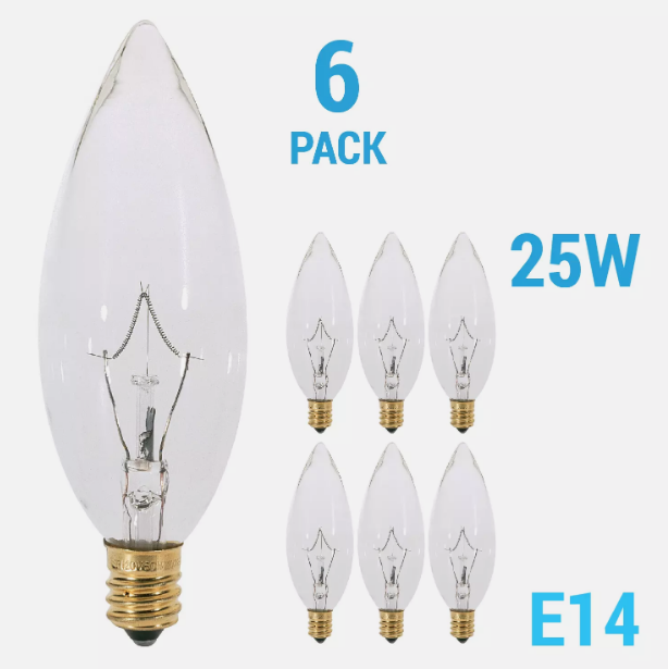 (6 Pack) Clear Chandelier Bulbs 25W Watt European Base E14 Torpedo Tip 120V