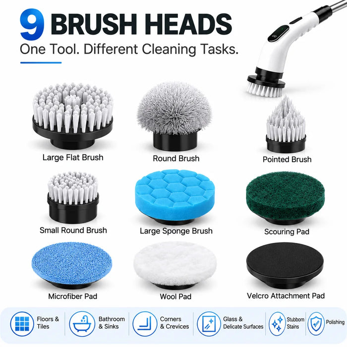 Cordless Electric Spin Scrubber, 9-in-1 Power Cleaning Brush with Long Handle and Multiple Brush Heads for Bathroom Kitc