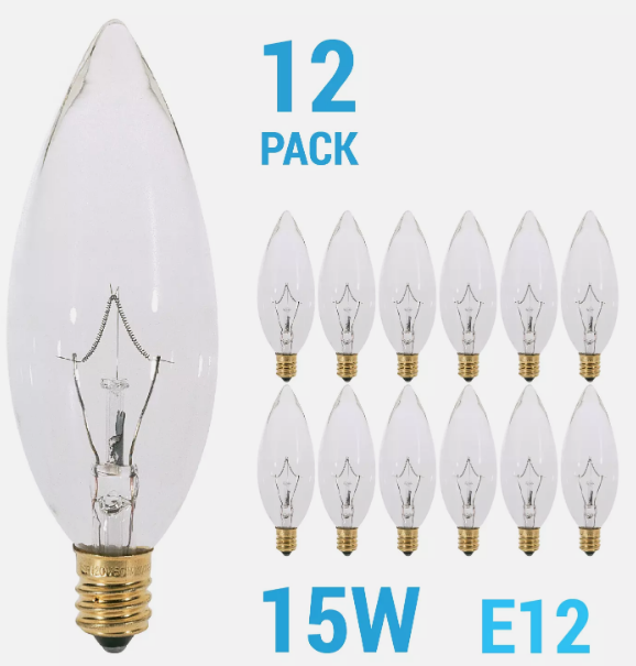 12 Pack Chandelier 15W Watt 120V B10 Straight Torpedo Tip Candelabra E12 Clear