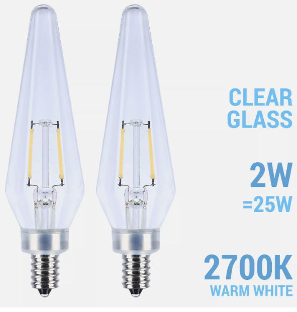 2 Pack PRISMATIC CLEAR Filament LED 120V 2W =25W Candelabra E12 2700K Warm White