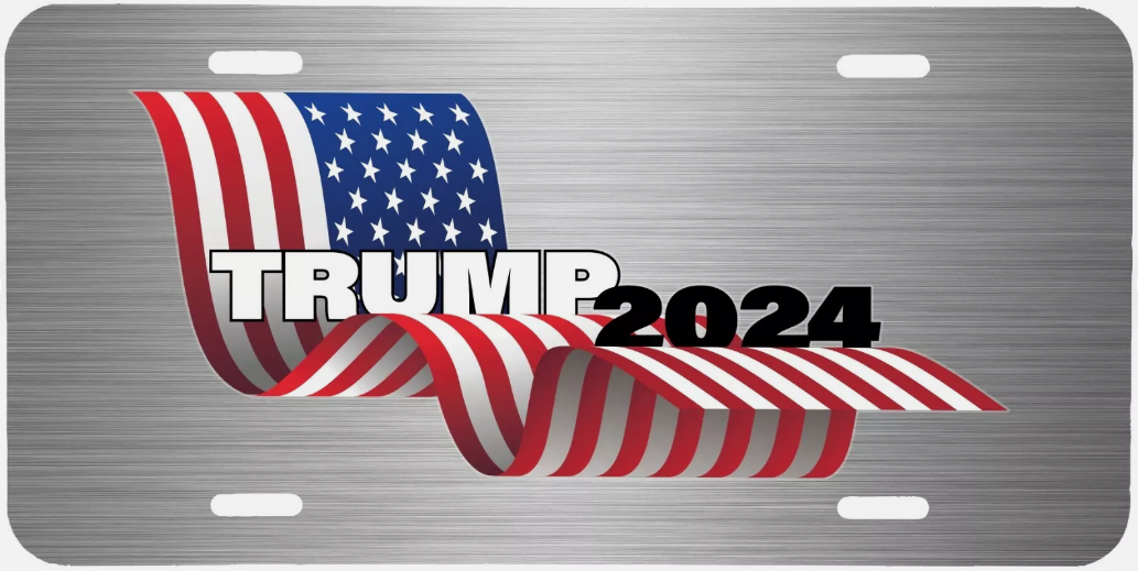 GLOSS CLEAR COAT PATRIOTIC TRUMP 2024 BRUSHED STEEL LOOK LICENCE PLATE TAG