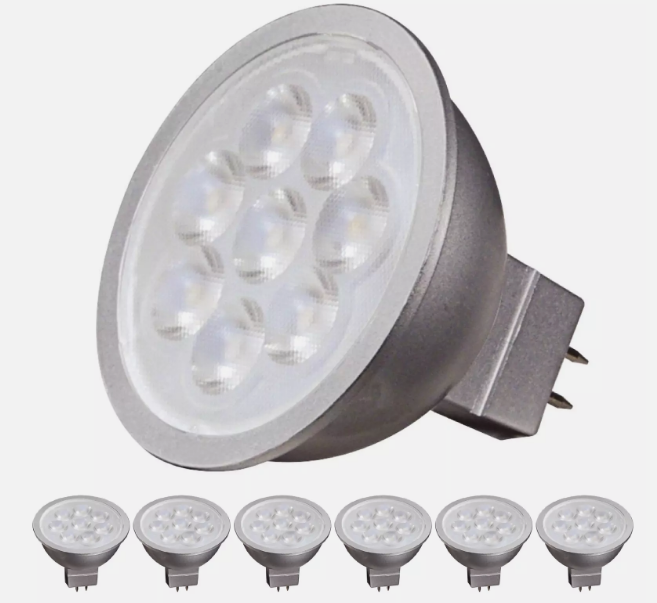 6 Pack Satco S9494 LED Bulbs 6.5W =50W 12V MR16 2-Pin GU5.3 Silver Back 5000K