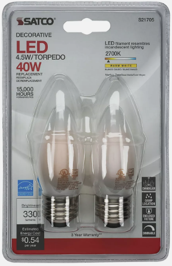 2 Pack Satco S21705 4.5W 40W ETF LED Frost 120V B11 Medium E26 2700K Warm White