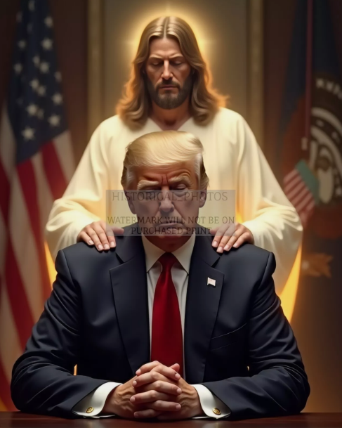 JESUS PRAYING OVER PRESIDENT DONALD TRUMP HANDS ON SHOULDERS 8X10 AI PHOTO