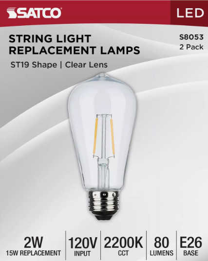 2 Pack LED Edison Filament String Light 2W =15W 120V Medium E26 ST19 Clear 2200K