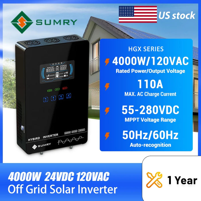 SUMRY 4000W Hybrid Solar Inverter 24V 120V Pure Sine Wave off Grid Inverter 140A 5600W MPPT Charger Home Inverter