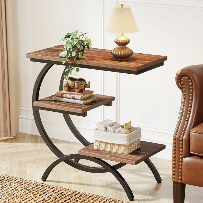 Tribesigns C-Shaped End Table, Industrial 3-Tier Small Table for Couch, Wood Bedside Table Snack Table with Storage Shel