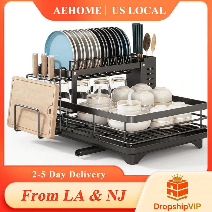 2-Tier Expandable Dish Drying Rack, Metal Kitchen Dish Rack and Drainboard Set with Knife Fork Holder & Cutting Board Or